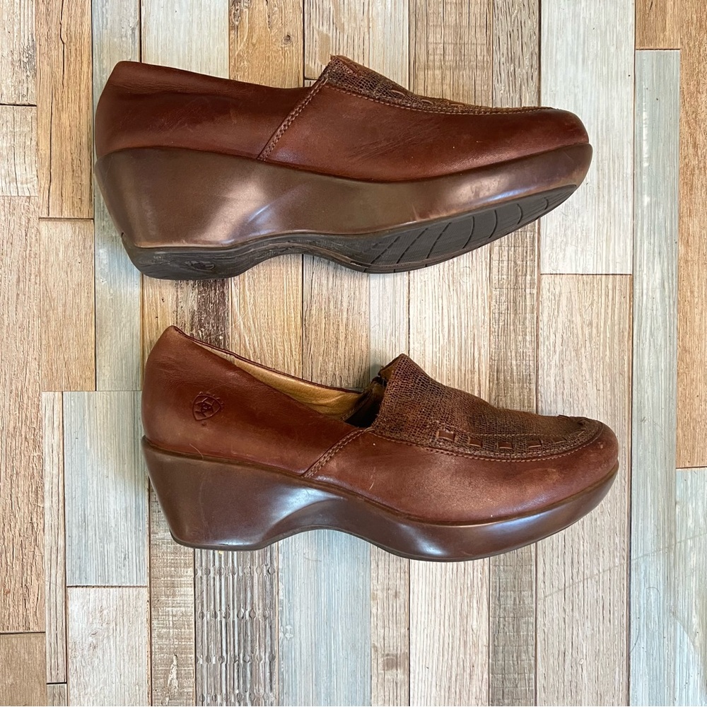 ARIAT Womens Shoes Brown Leather Slip On Wedges Slides Mules Clogs Size 6.5 - Picture 6 of 12